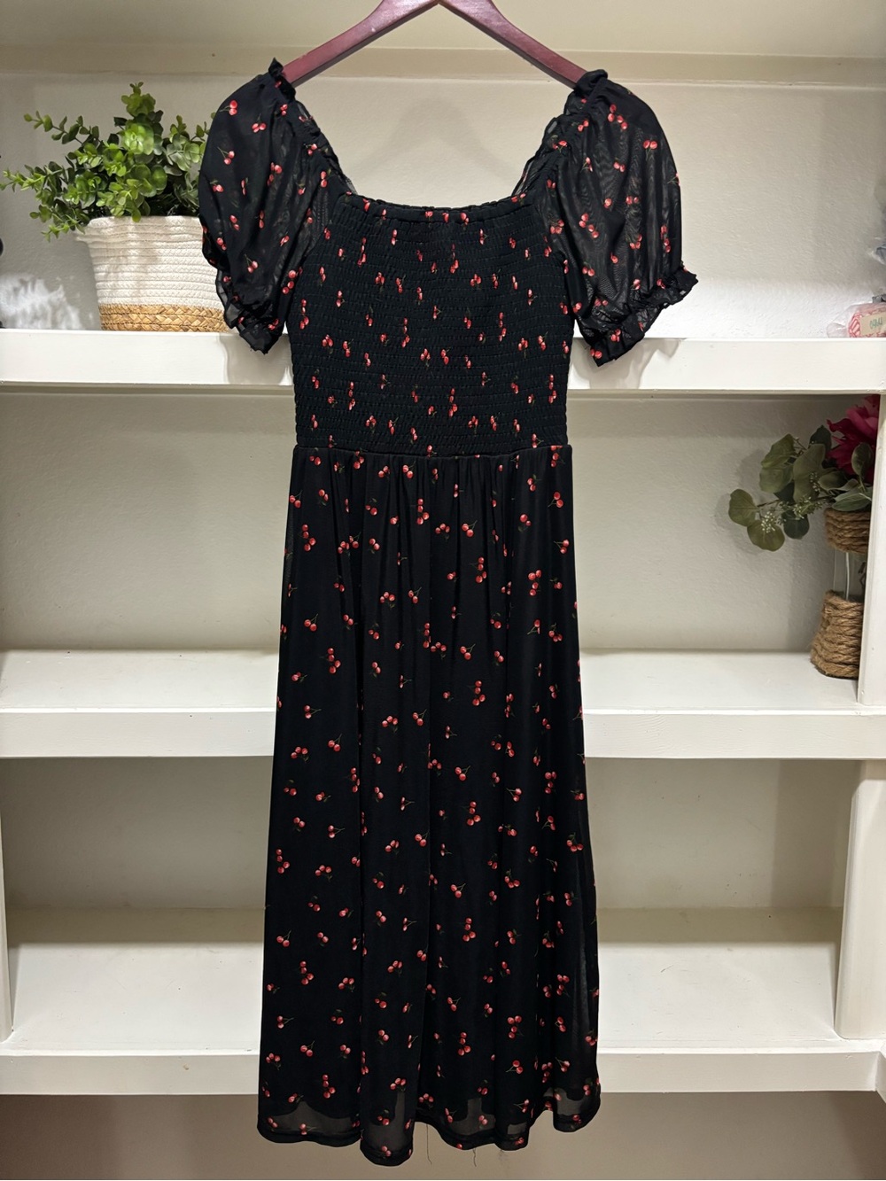 Black Cherry Print Midi Dress - Feminine Puff Sleeve Style